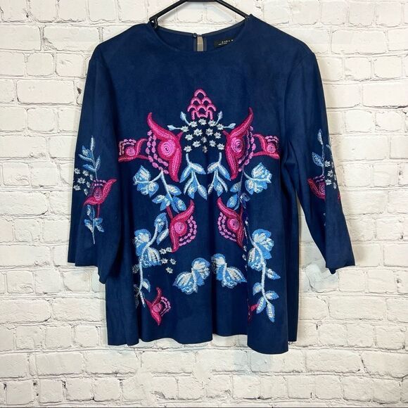 Zara Tops - Zara Women’s Size Small Navy Blue Faux Suede Embroidered Swing Top